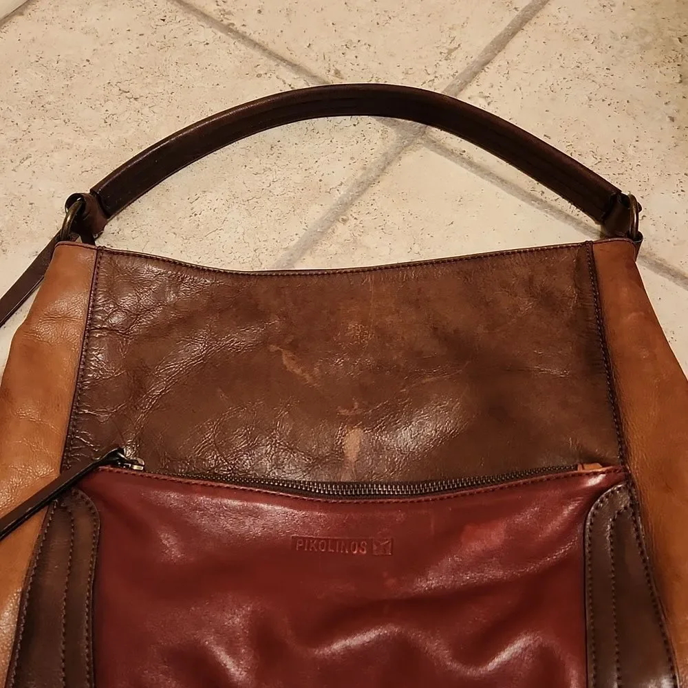 Pikolinos Brown/Garnet Tricolored Leather Cuero Hobo Handbag